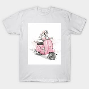 Mice on a classic vintage scooter. White background. T-Shirt